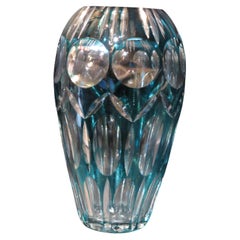 Important Rare Early 1900s French Turquoise Deep Cut Etched Crystal Vase