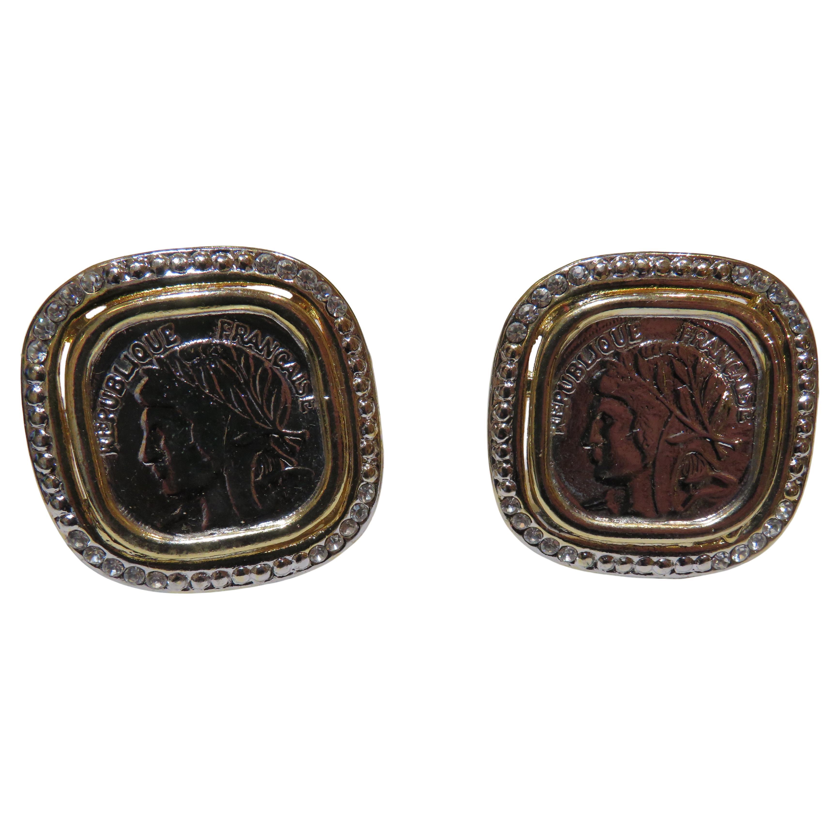 Important Rare Estate 18KT Heavy Gold Overlaid French Republic CoinEarrings