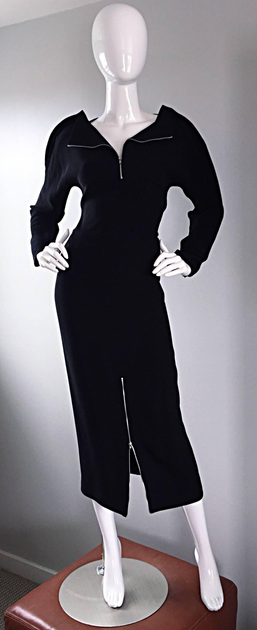 Noir Important Rare Geoffrey Beene Minimalist Zipper Black Dress Set / Top & Skirt en vente
