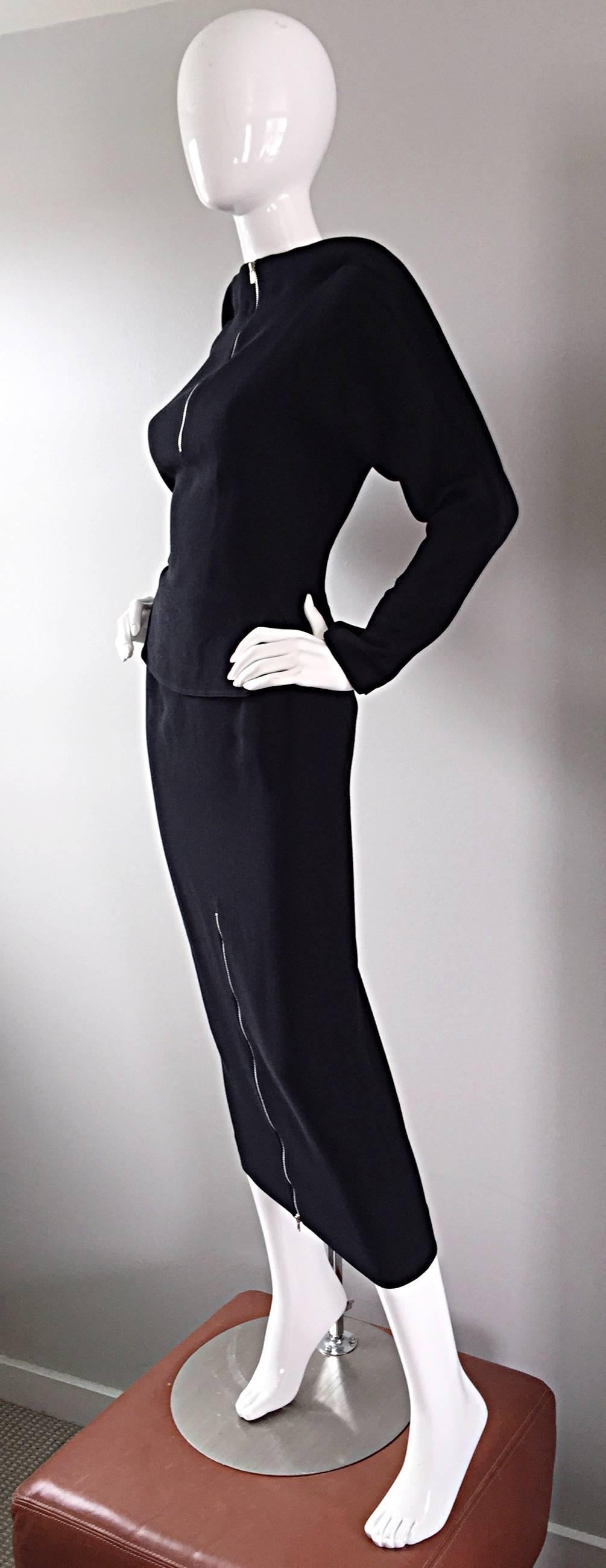 Important Rare Geoffrey Beene Minimalist Zipper Black Dress Set / Top & Skirt For Sale 2