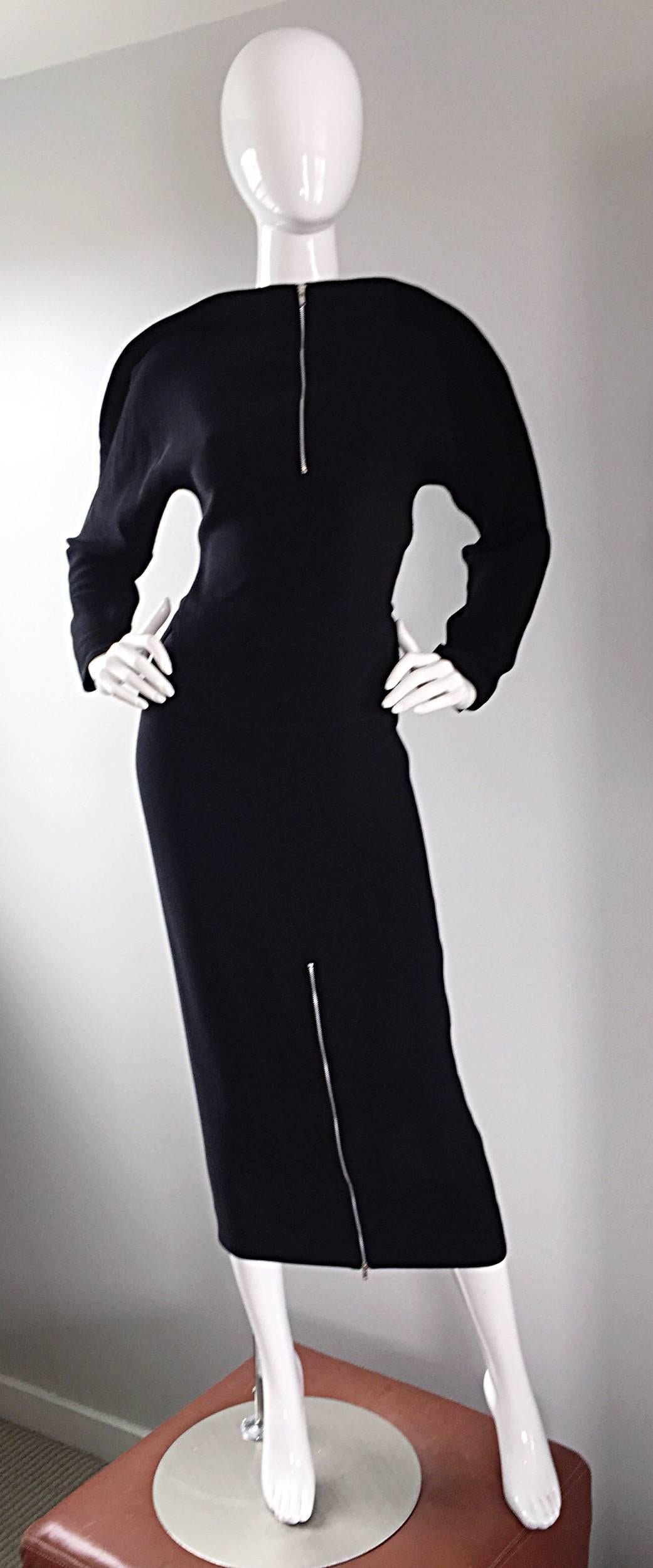 Important Rare Geoffrey Beene Minimalist Zipper Black Dress Set / Top & Skirt For Sale 5