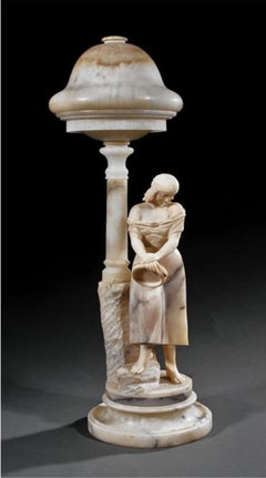 Important Rare Large Museum Quality 19th C Alabaster Young Woman with Jug Lamp
