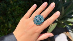 Natural Blue Zircon Cocktail Ring 30.53 Carats Diamond Halo 14K White Gold