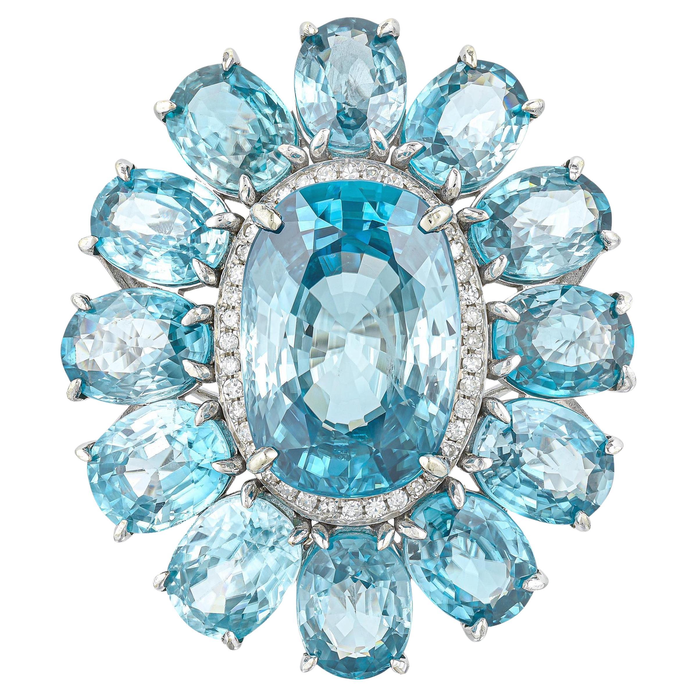 Important Rare Natural Ocean Blue Zircon Ring Diamond Halo 30 Carats 14K Gold 