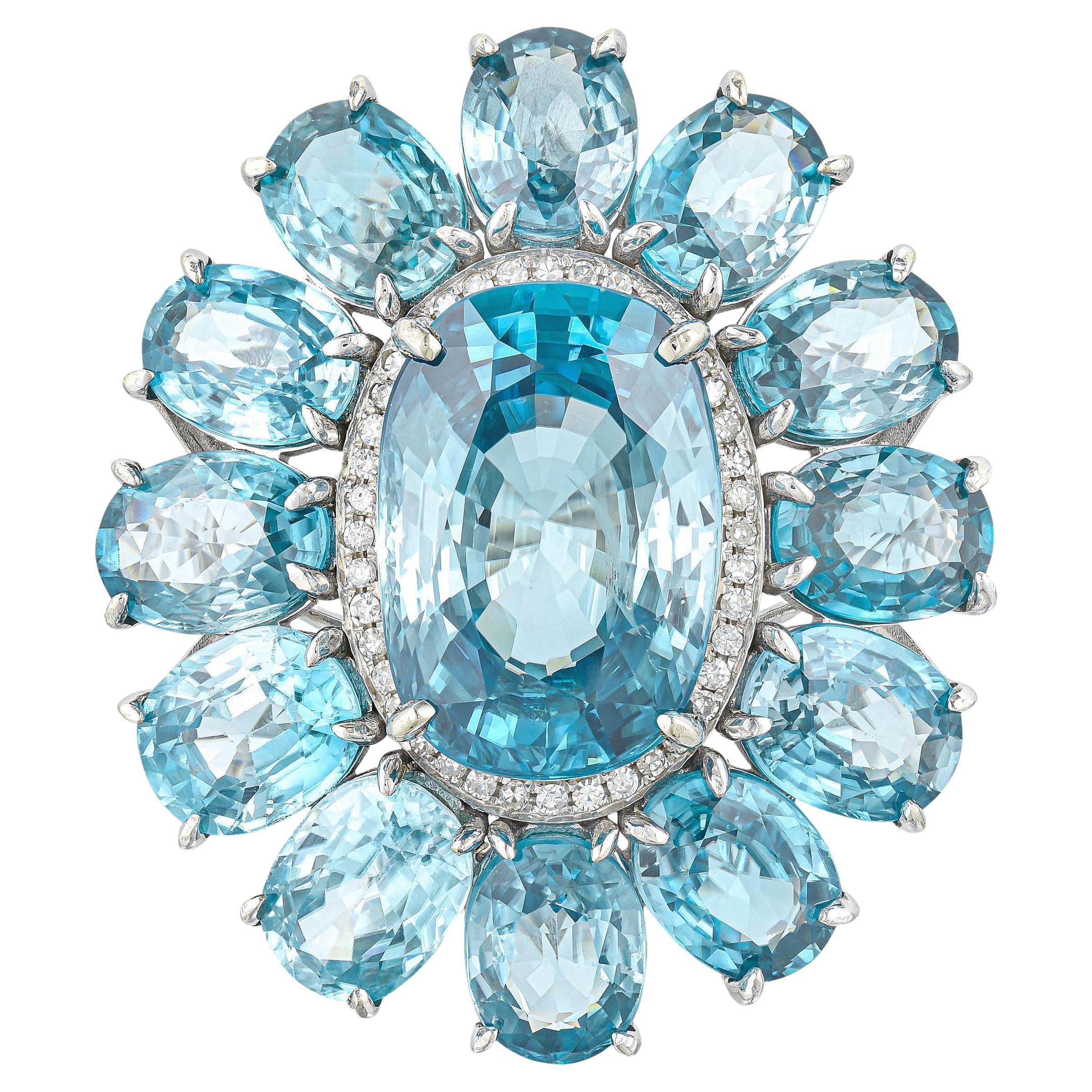 Important Rare Natural Ocean Blue Zircon Ring Diamond Halo 30 Carats 14K Gold For Sale