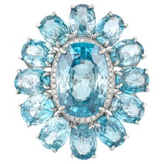 Important Rare Natural Ocean Blue Zircon Ring Diamond Halo 30 Carats 14K Gold