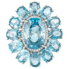 Important Rare Natural Ocean Blue Zircon Ring Diamond Halo 30 Carats 14K Gold