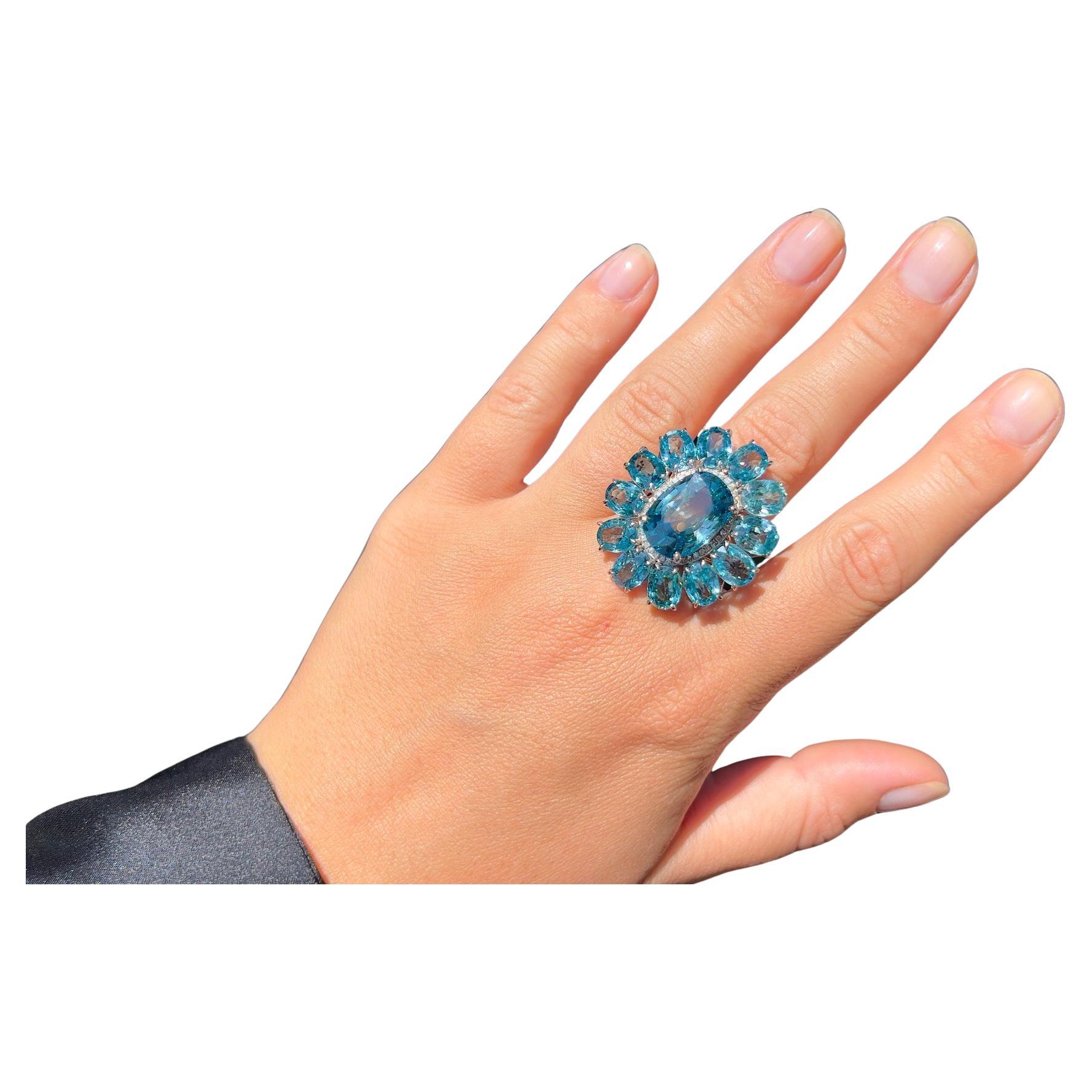 Important Rare Natural Ocean Blue Zircon Ring Diamond Halo 30 Carats 14K Gold