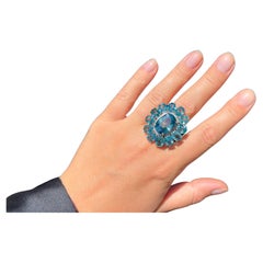 Important Rare Natural Ocean Blue Zircon Ring Diamond Halo 30 Carats 14K Gold