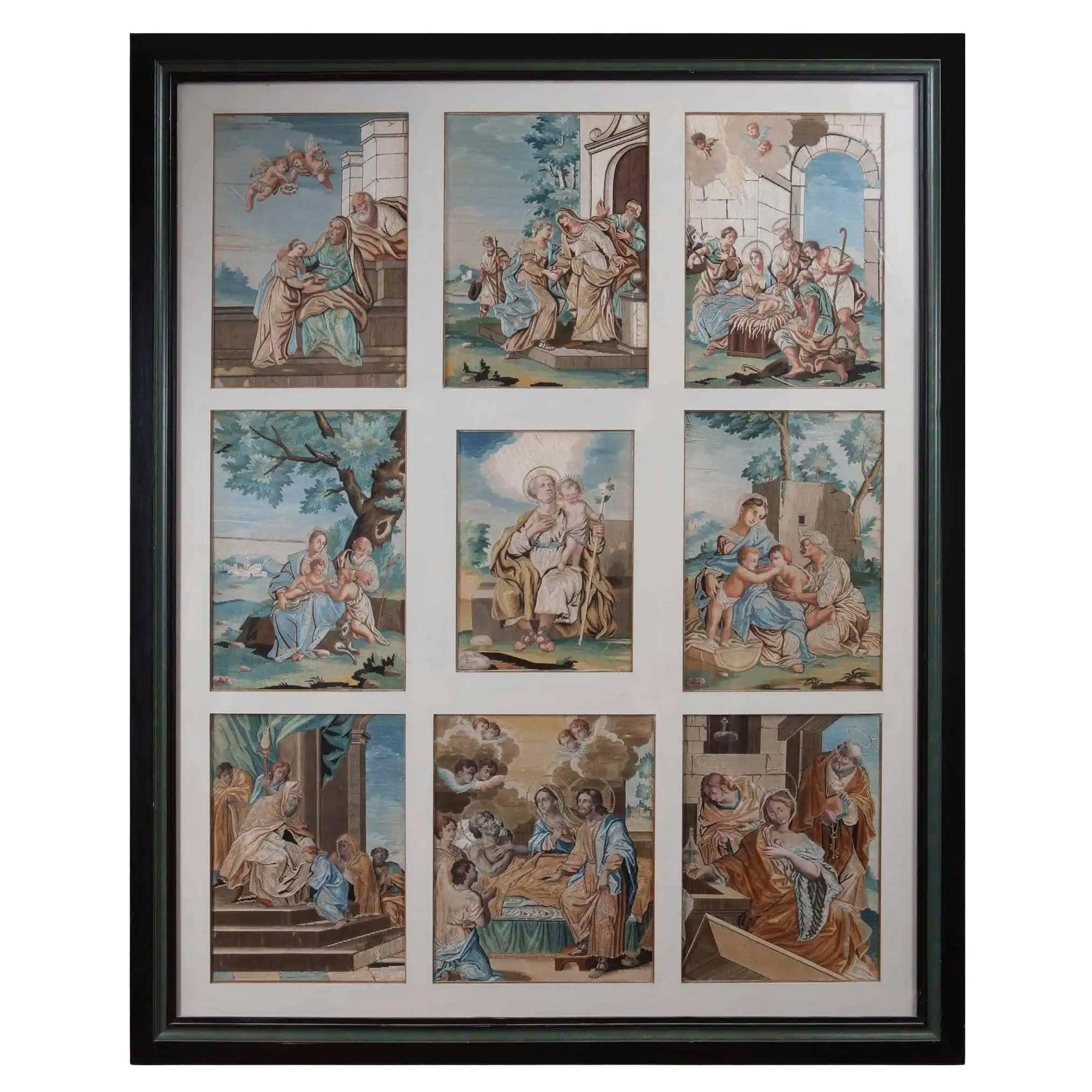 Importante e raro set di nove pannelli di seta appliqué di Marianna Elmo