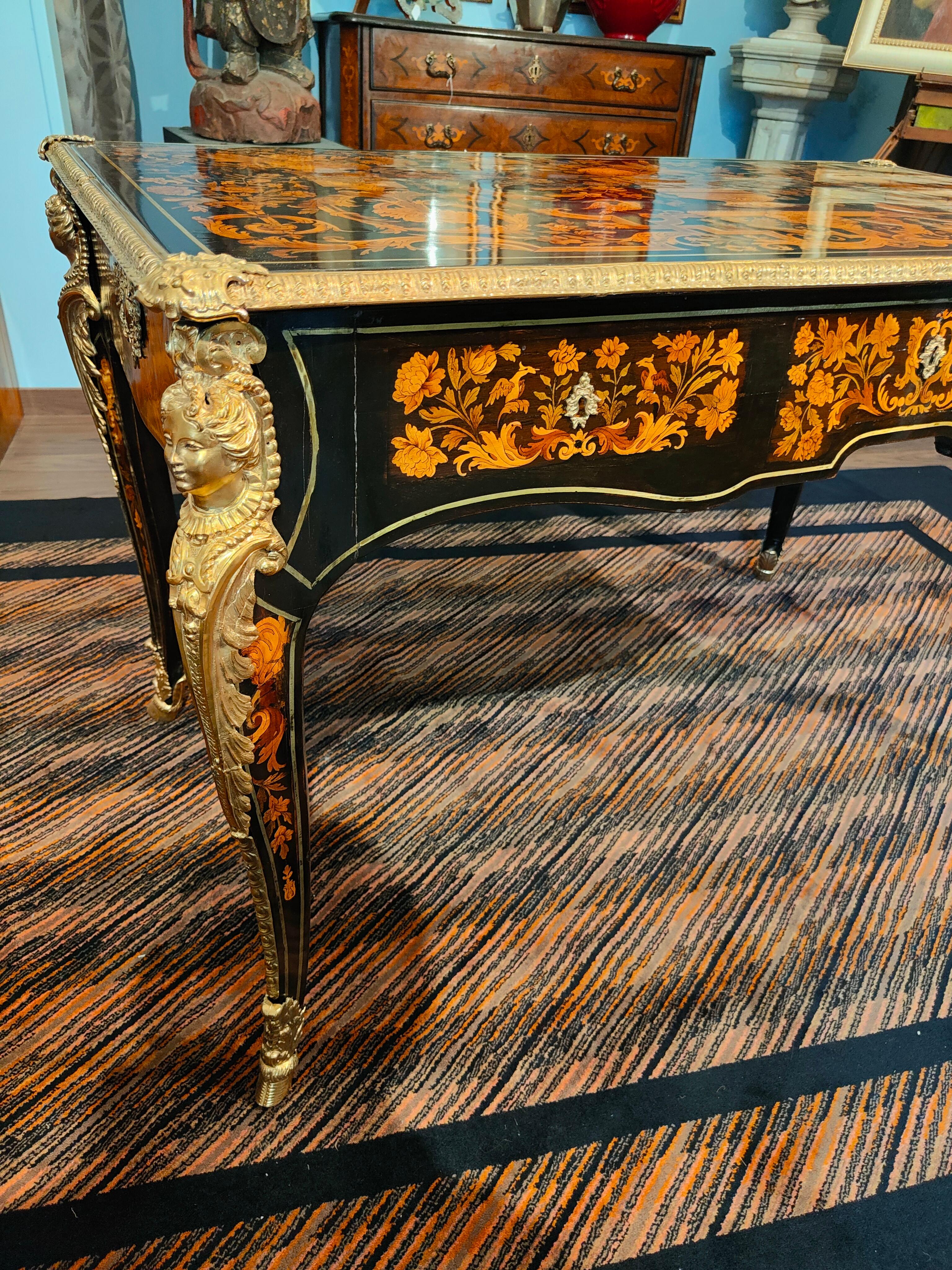 French Important Rectangular Desk Table, Finely Inlaid in Various Woods For Sale