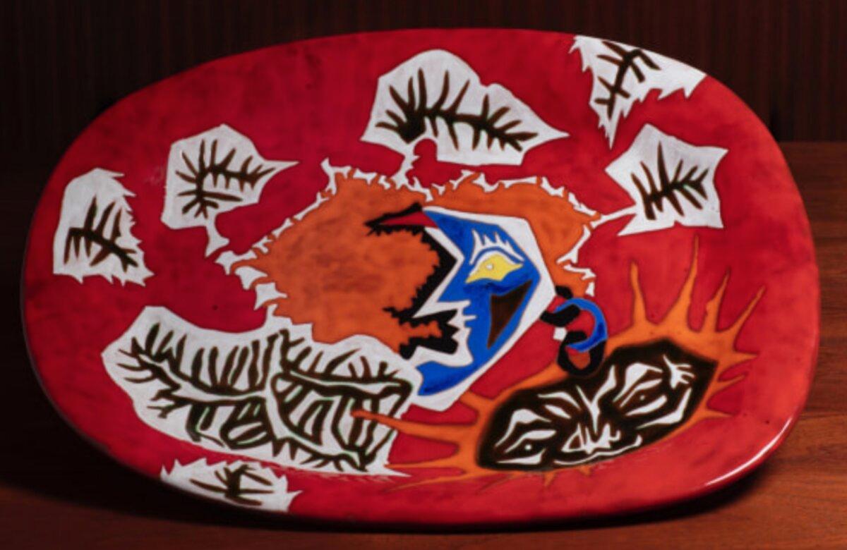 Enameled Important Red Ceramic Platter, for Sant-Vicens by Jean Lurçat For Sale