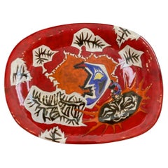 Important Red Ceramic Platter, for Sant-Vicens by Jean Lurçat