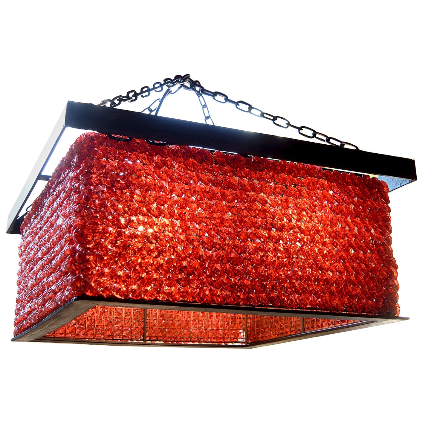 Importante lampadario con perle di vetro rosse,  Murano, Italia, Brutalismo, CIRCA 1970 in vendita
