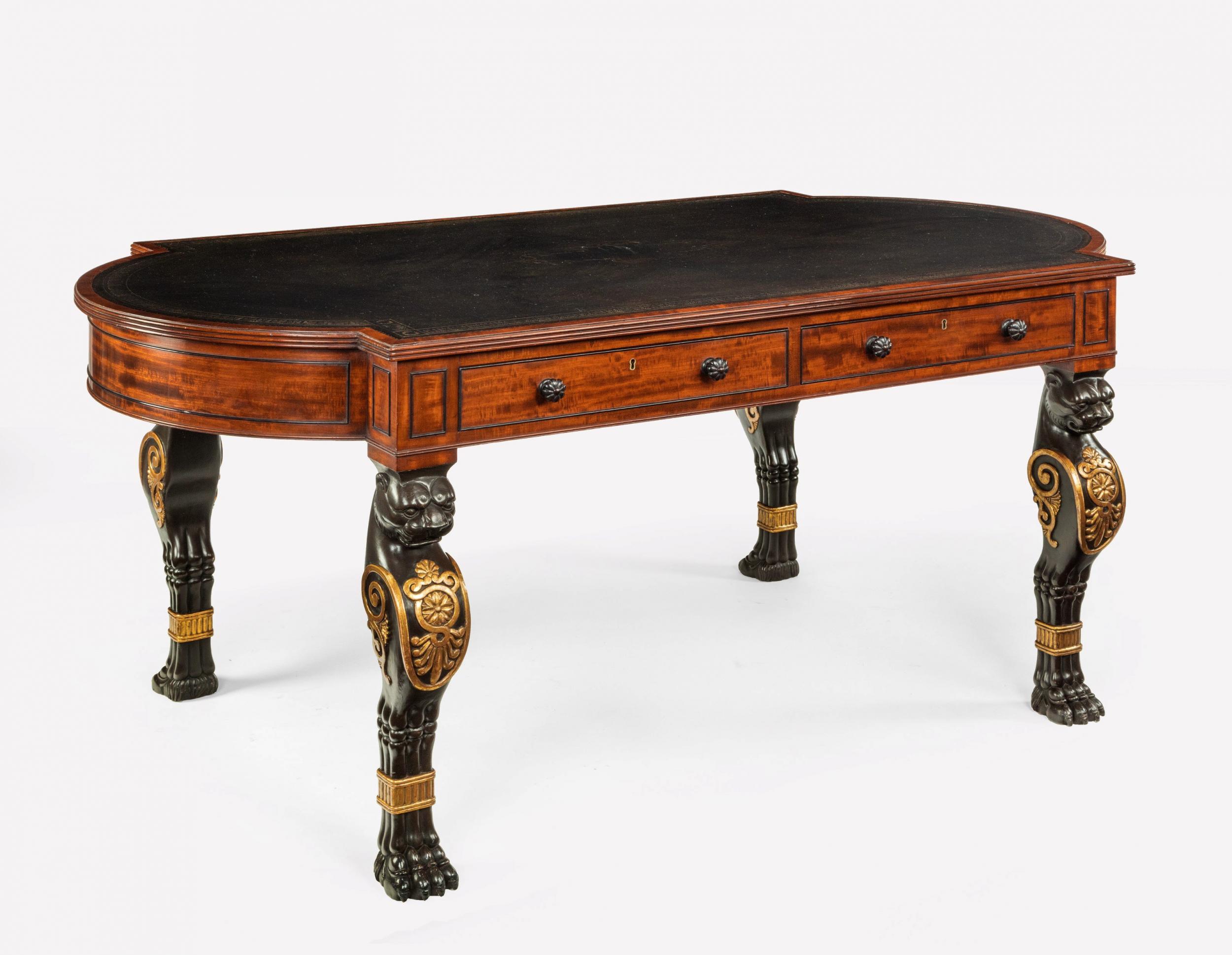 A highly Important, Early Regency period mahogany, ebonised and parcel-gilt partners writing table on monopodia legs of exceptional quality and design, in the manner of George Smith, stamped Chas Norman, whom was associated with the work of