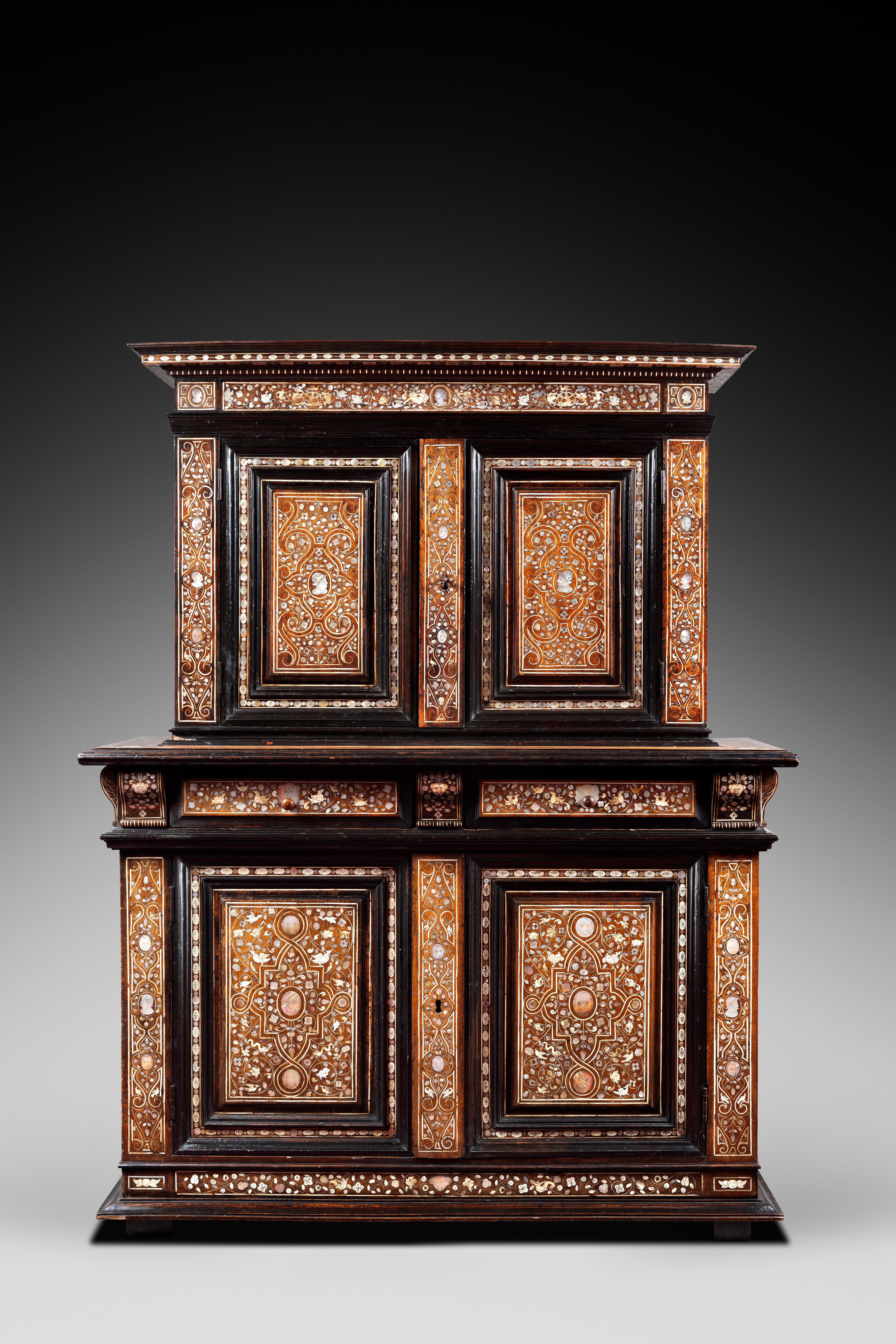 Important Renaissance cabinet with mother-of-pearl and ivory inlays

Origin: Loire Valley, France
period: 16th century

Height: 180cm
Length: 140cm
Depth: 53cm 


Walnut wood, ivory, mother-of-pearl
Good condition

This two-bodied
