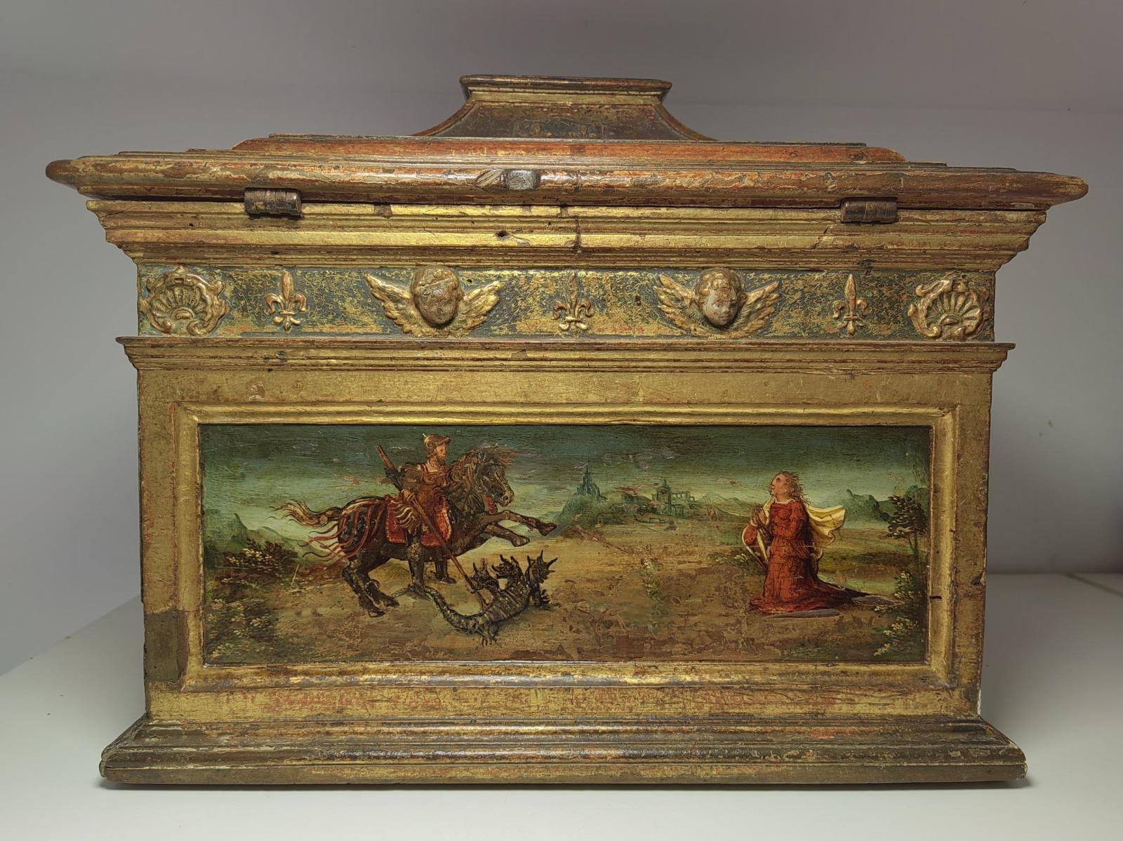 Important Renaissance Medical Box. Spanish Or Italian Workshop, Around 1550
Renaissance Medical Casket with stepped lid and vaulted flanked dome. Polychrome and gilded wood. Spanish or Italian workshop, circa 1550.

This chest shows the