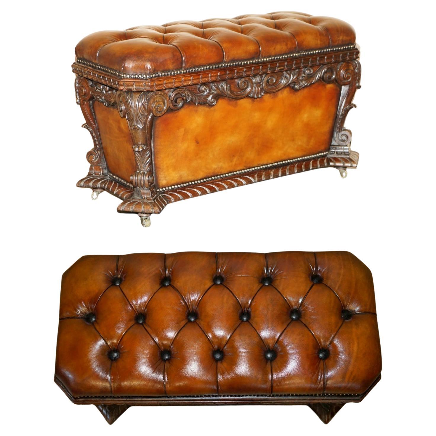 IMPORTANTE SGABELLO OTTOMANO RESTAURATO IN LEGNO DURO ANTICO 1830 CHEsterfield
