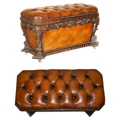 IMPORTANT RESTORED ANTiQUE 1830 LEATHER HARDWOOD CHESTERFIELD OTTOMAN STOOL