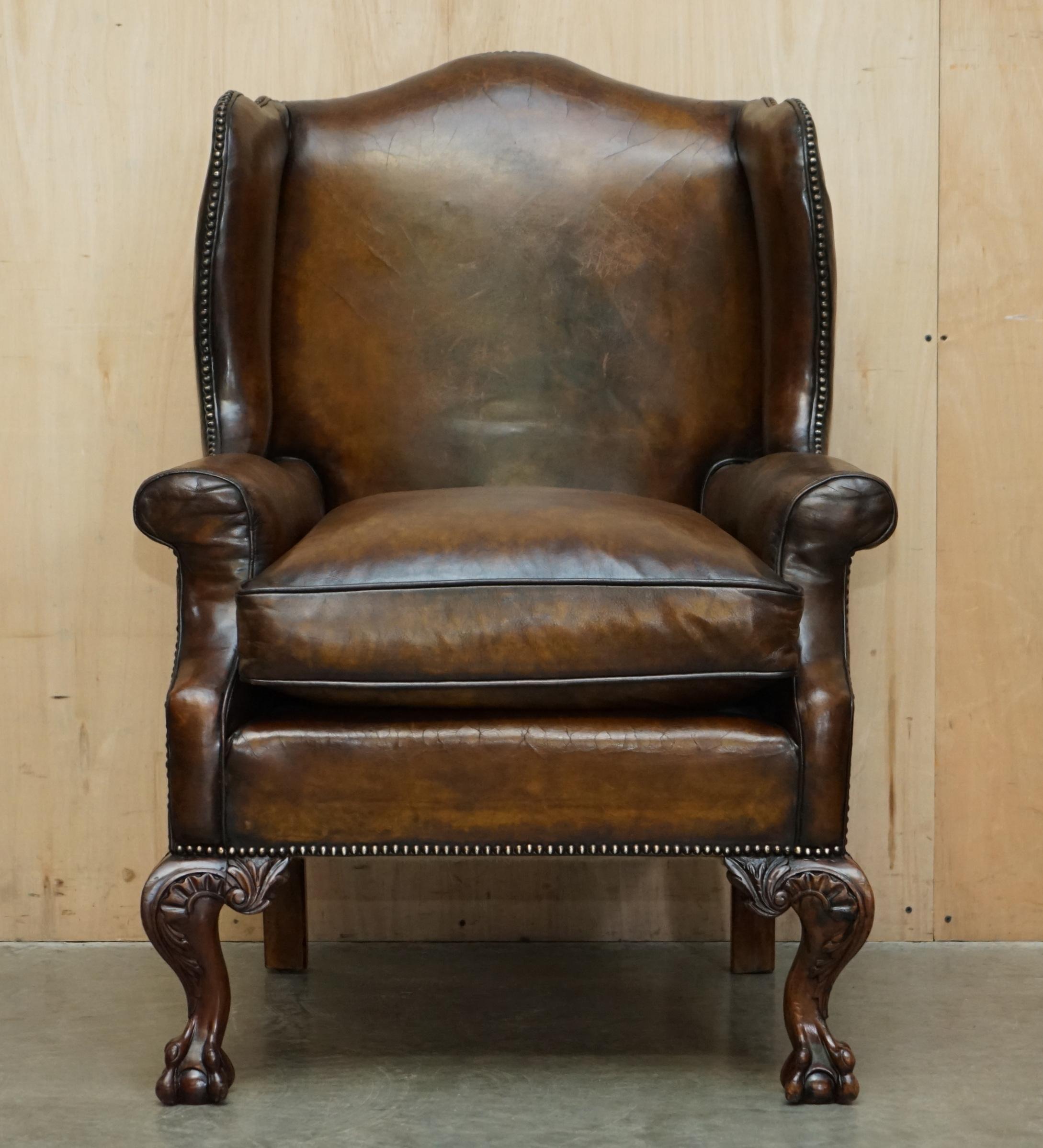 George II IMPORTANT RESTORED GEORGE II PERIOD CIRCA 1760 WiNGBACK BROWN LEATHER ARMCHAIR For Sale