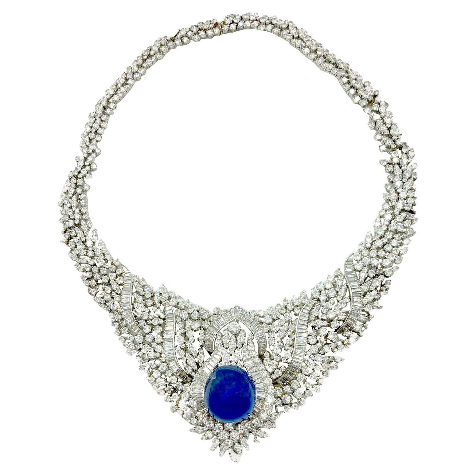 Wichtige Retro-Diamant-Statement-Halskette mit 39 Karat Cabochon-Saphir im Angebot