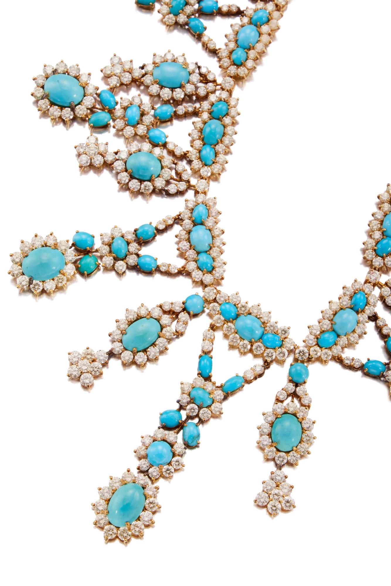 Round Cut Important Retro Turquoise and Diamond Fringe Necklace For Sale