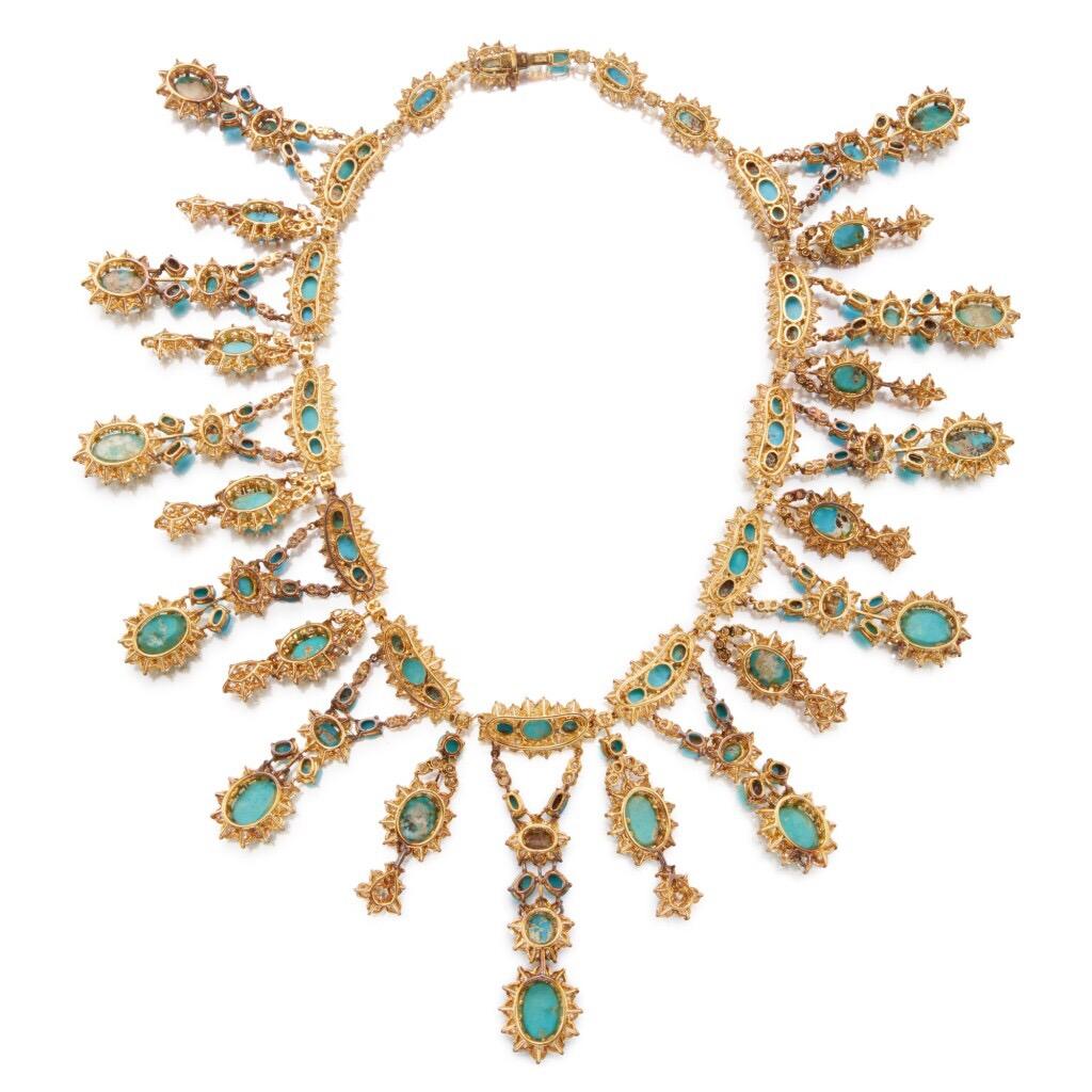 Important Retro Turquoise and Diamond Fringe Necklace In Excellent Condition For Sale In New York, NY