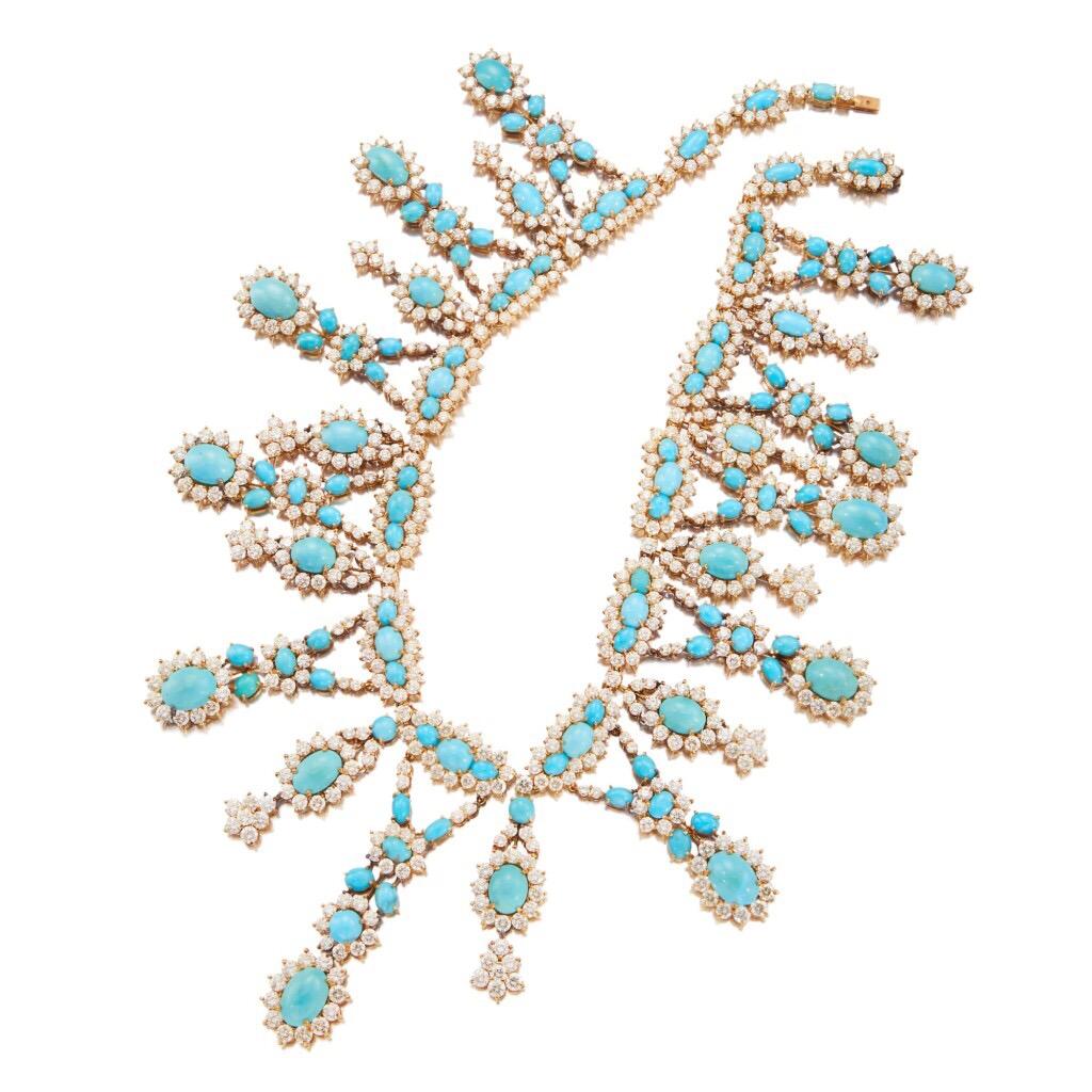 Wichtige Retro-Halskette aus Türkis und Diamanten mit Fransen Damen im Angebot