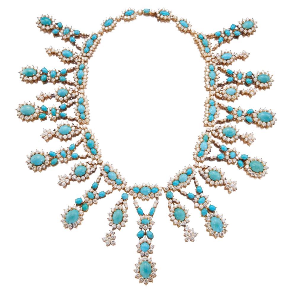 Wichtige Retro-Halskette aus Türkis und Diamanten mit Fransen