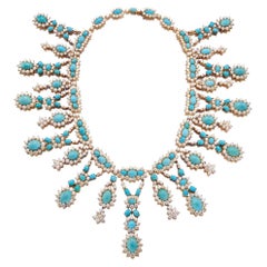 Important Retro Turquoise and Diamond Fringe Necklace