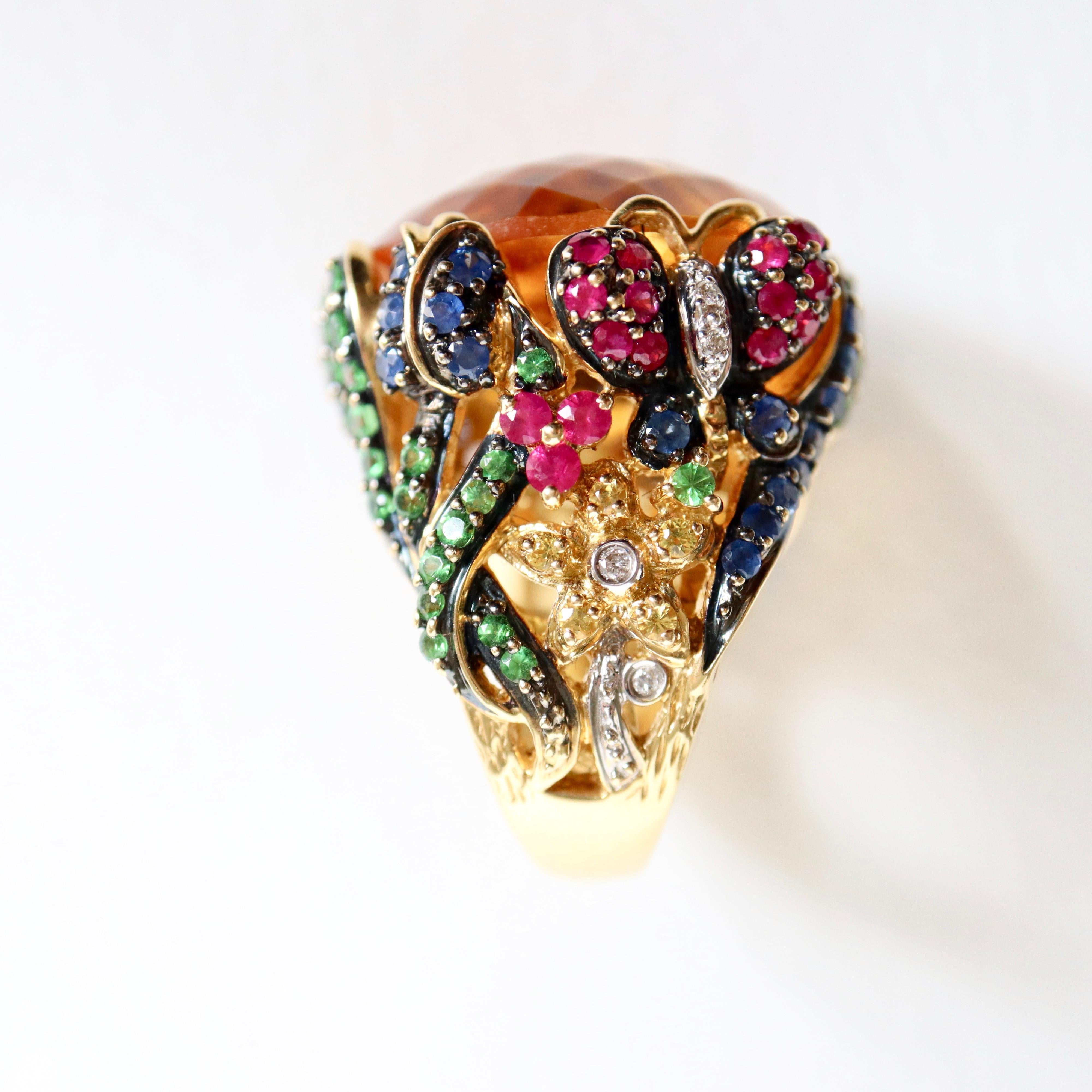 Important Ring with Foliage Pattern, Citrine, Sapphires Rubies Tsavorite Diamond For Sale 4