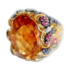 Important Ring with Foliage Pattern, Citrine, Sapphires Rubies Tsavorite Diamond