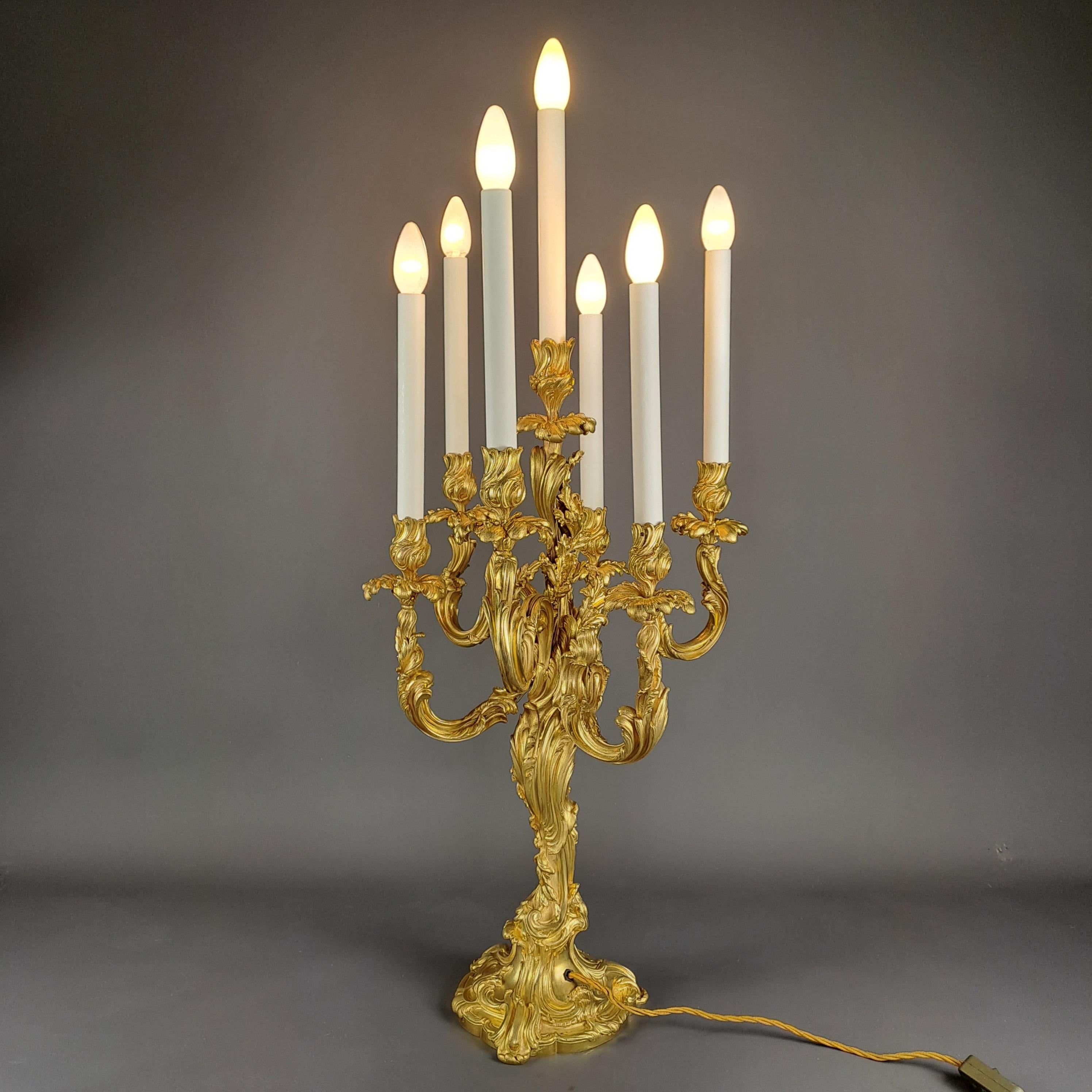 Important Candelabra in gilded bronze very finely chiseled in the Louis XV Rocaille style, with seven sconces and presenting a rich and majestic decoration of acanthus foliage and oaks in windings and volutes.

Total height as presented: 104 cm -