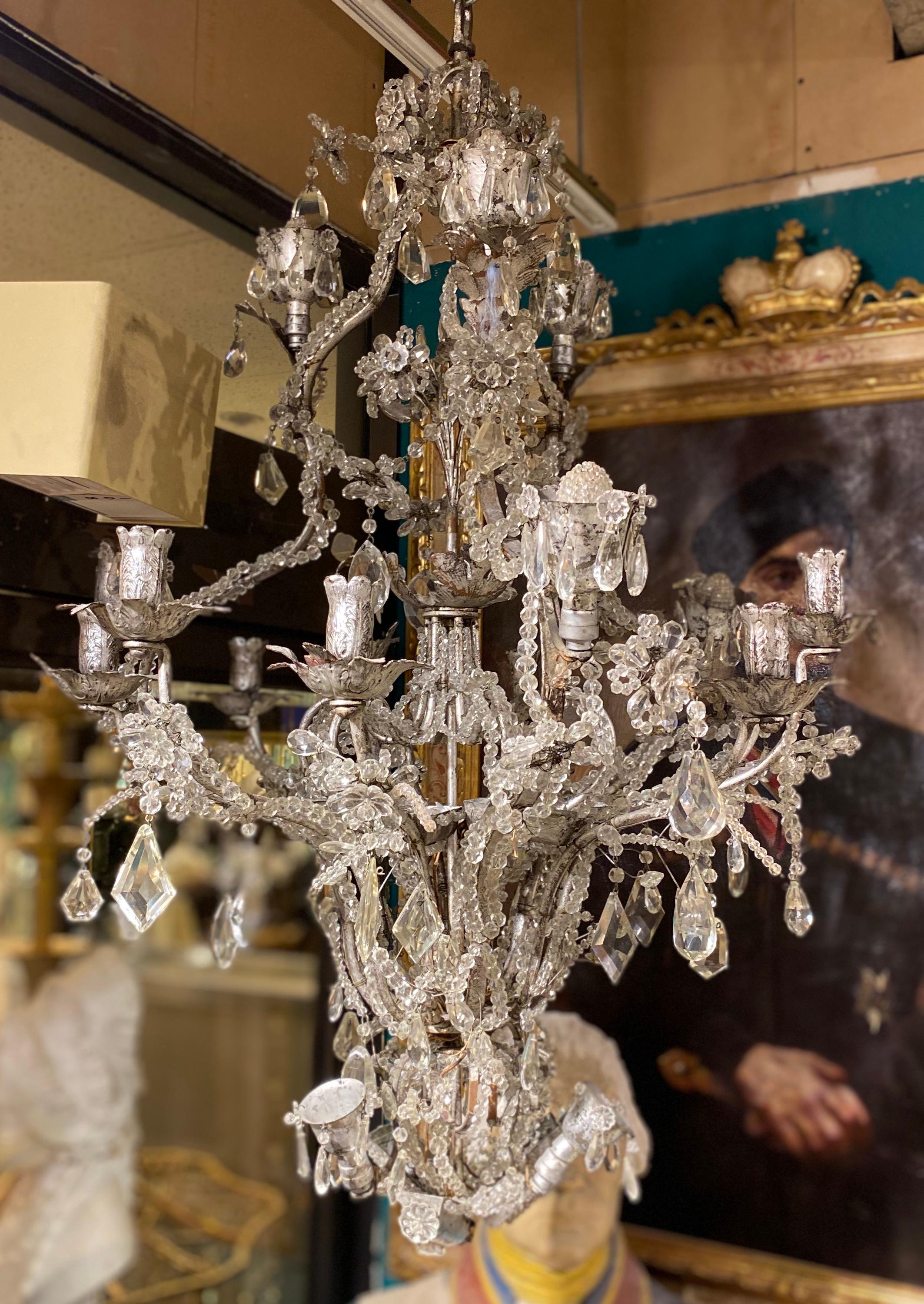 20th Century Important Rock Crystal and Silvered Metal Beaded Chandelier attributed to Baguès For Sale