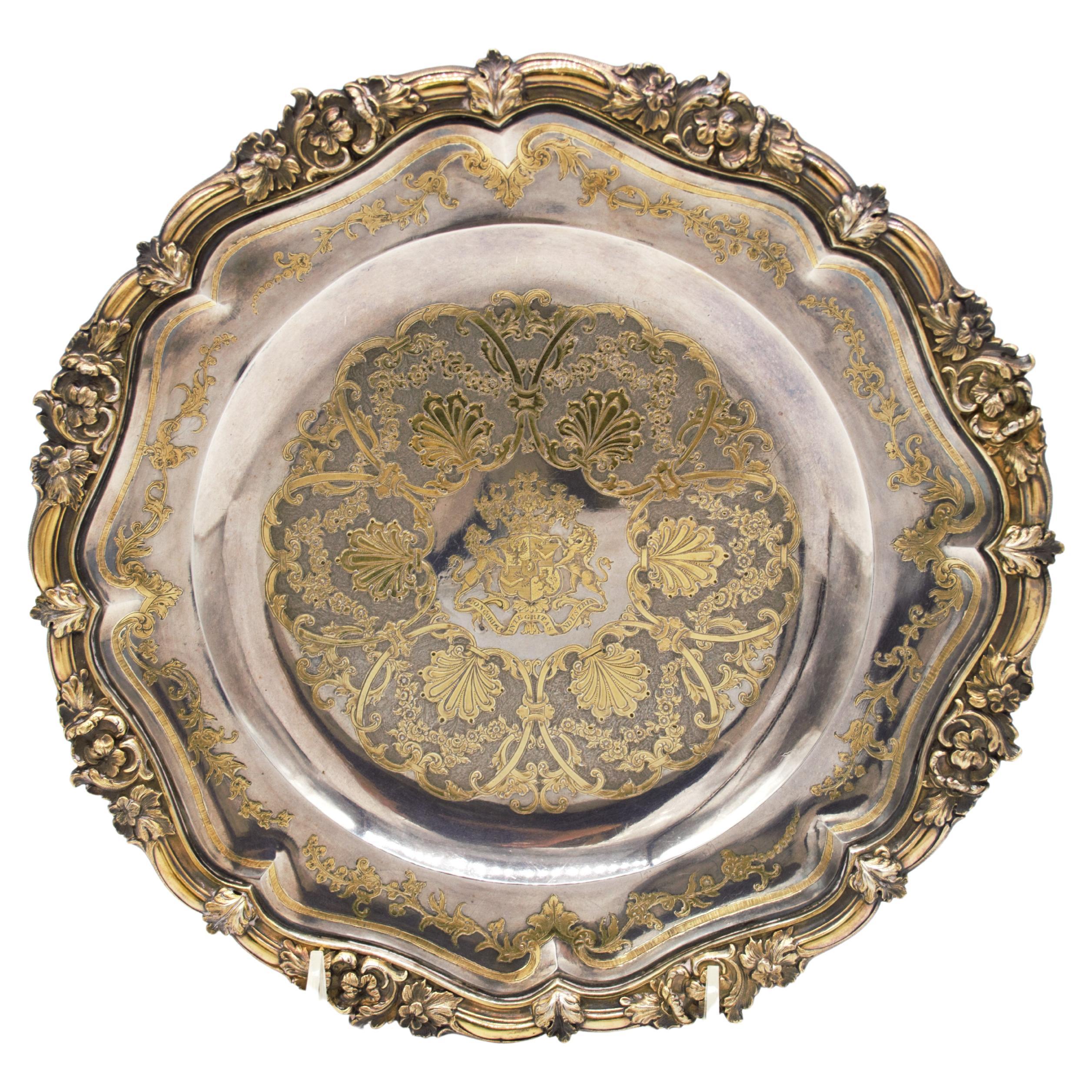 extremely rare french silver presentation plate/ dinner plate. 
this important plate is one of the best quality work and engraving i have ever seen in my life, the outer rim is all adorned 
and ornate with flowers in neoclassical style, and the