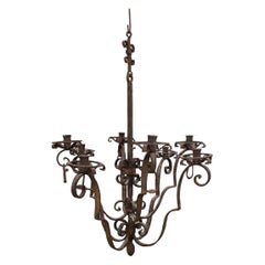 Antique Important Round Chandelier in Italian Baroque Forged Iron