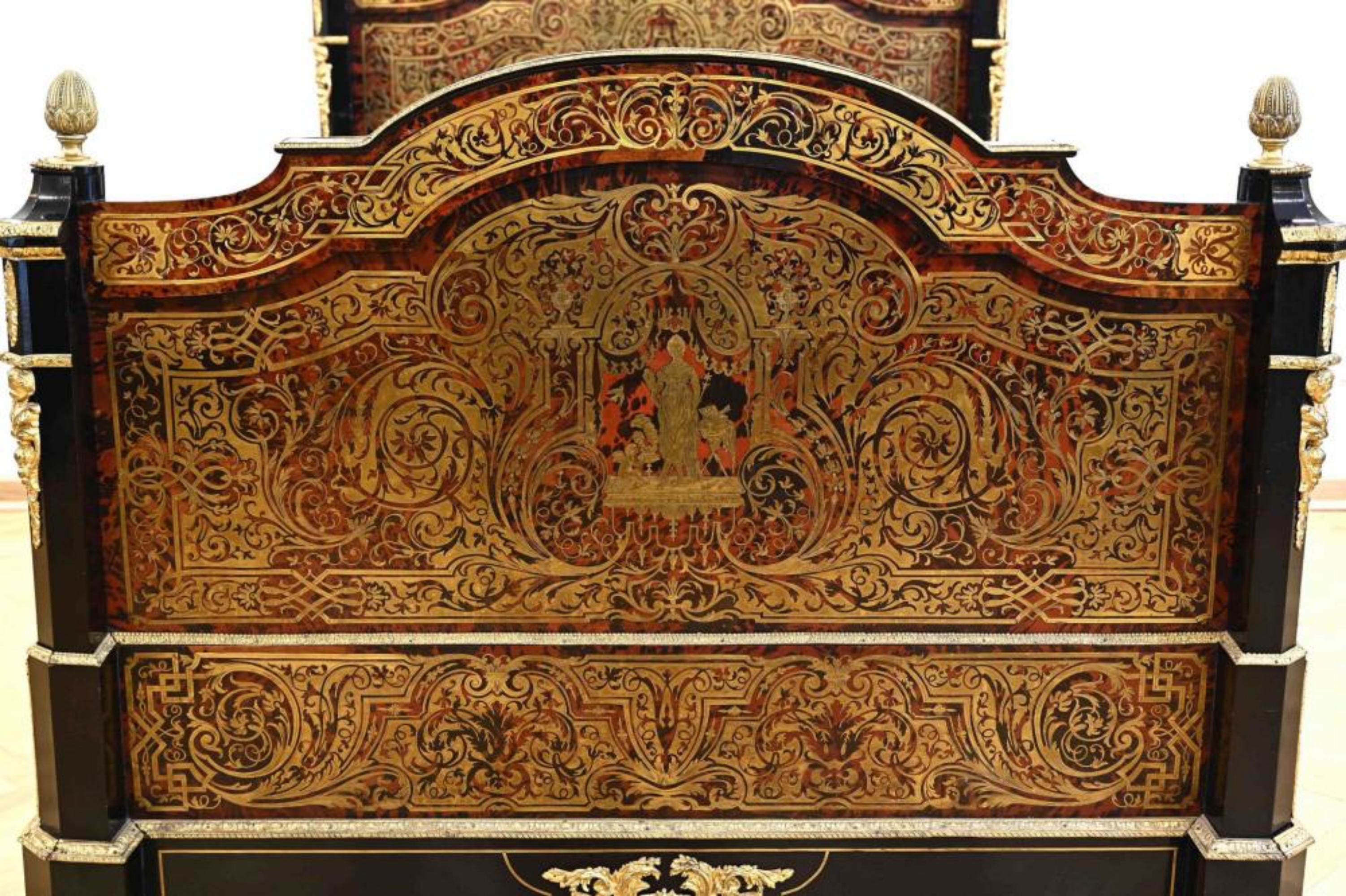 Royal bed with incredible marquetry in the style of the outstanding cabinet maker André-Charles Boulle. Made around 1870/80 in the Régence style / Napoleon Trois epoch, the exuberant love of ornament can be marveled at in the most artistic form.