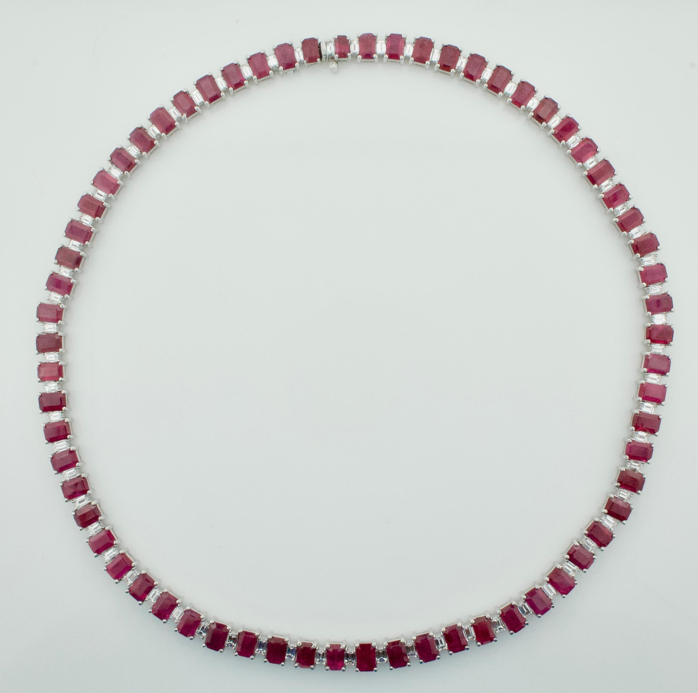 Important Ruby and Diamond Straight Line Necklace in Platinum
Sixty Six Emerald Cut Rubies weighing 42.65 carats approximately [bright with no imperfections visible to the naked eye]
Sixty Six Baguette Cut Diamonds weighing 8.60 carats approximately