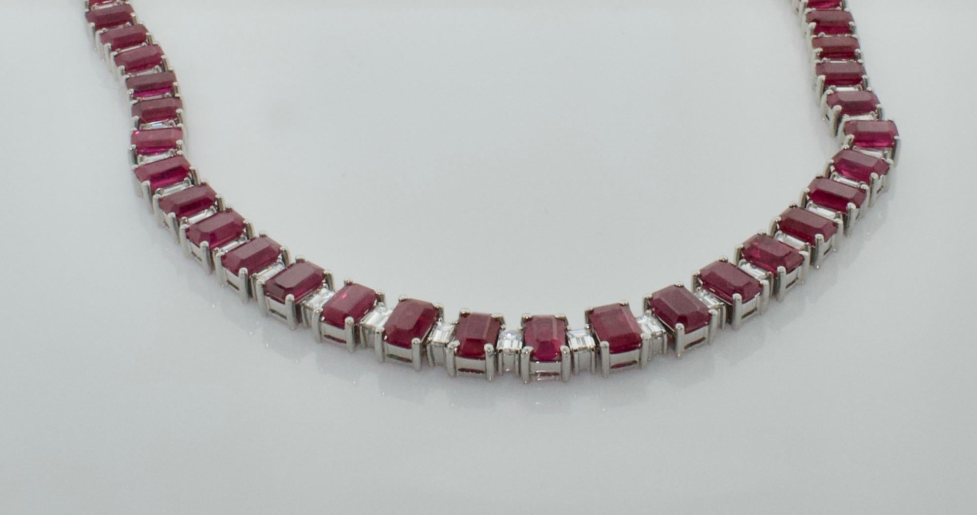 Emerald Cut Important Ruby and Diamond Straight Line Necklace in Platinum