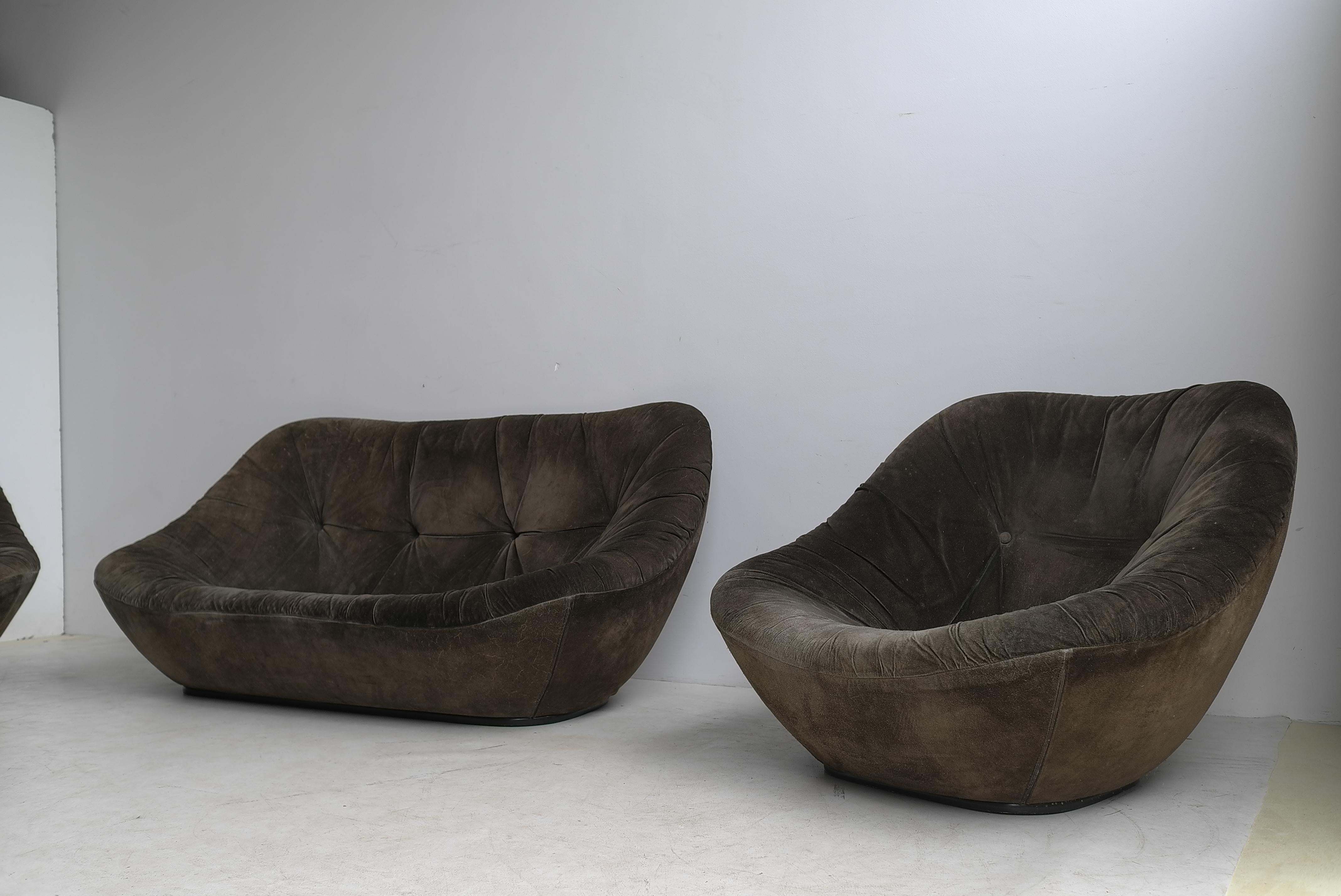 Late 20th Century Important Salon, Pierre Paulin Sofa with Two Armchairs in Suede Model Bonnie 500