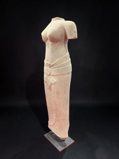 Important Sandstone Torso of a Female Deity in the Khmer Angkor Style