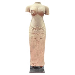 Important Sandstone Torso of a Female Deity in the Khmer Angkor Style