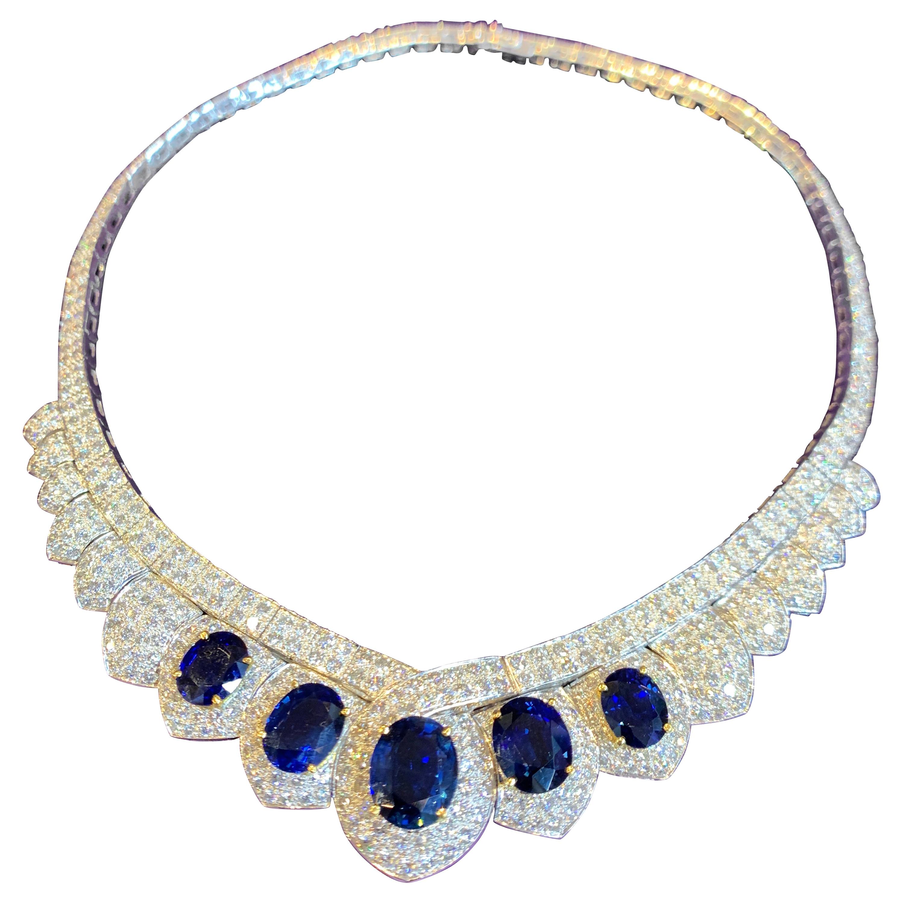 Sapphire and Diamond Necklace with 21.1 ct of Sapphires and 17.8 ct of Brilliant cut Diamonds set on 18k White Gold 
Sapphire Weight: 21.10 Cts
Diamond Weight: 17.80 Cts
Measurements: 18 inches long , 14.5 inches in diameter

