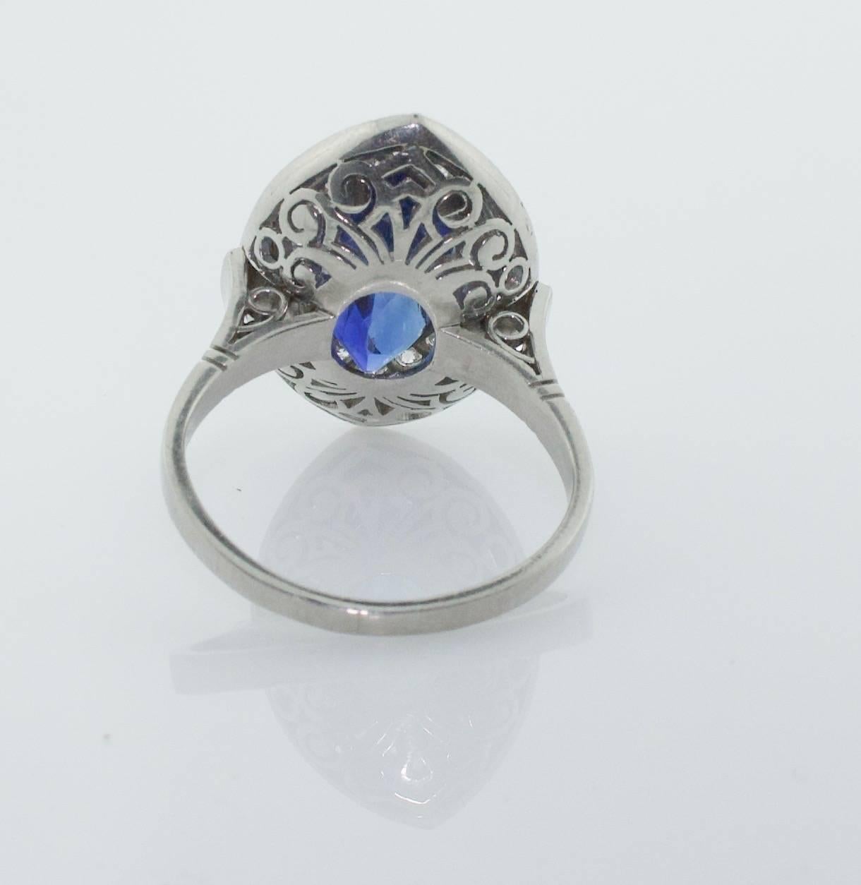 Marquise Cut Important Sapphire and Diamond Ring in Platinum, circa 1960s For Sale