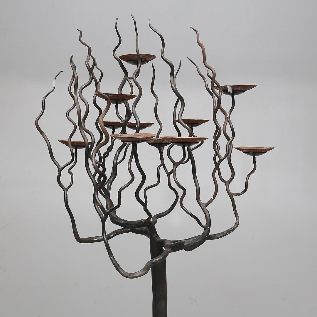 Important Scandinavian candelabre in wrought iron, 1950. This art piece must have been made for Scandinavian church. This piece has been made by hands in Sweden during the 1950s.