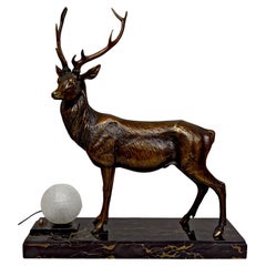 Important Sculptural Lamp in Bronze and Marble, Deer, Art Deco, France, 1930's