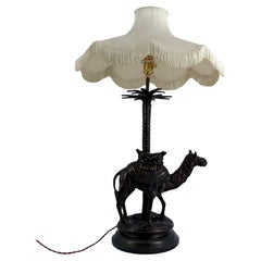 Important Sculptural Orientalist Lamp in Bronze, "Camel and Palm Tree"