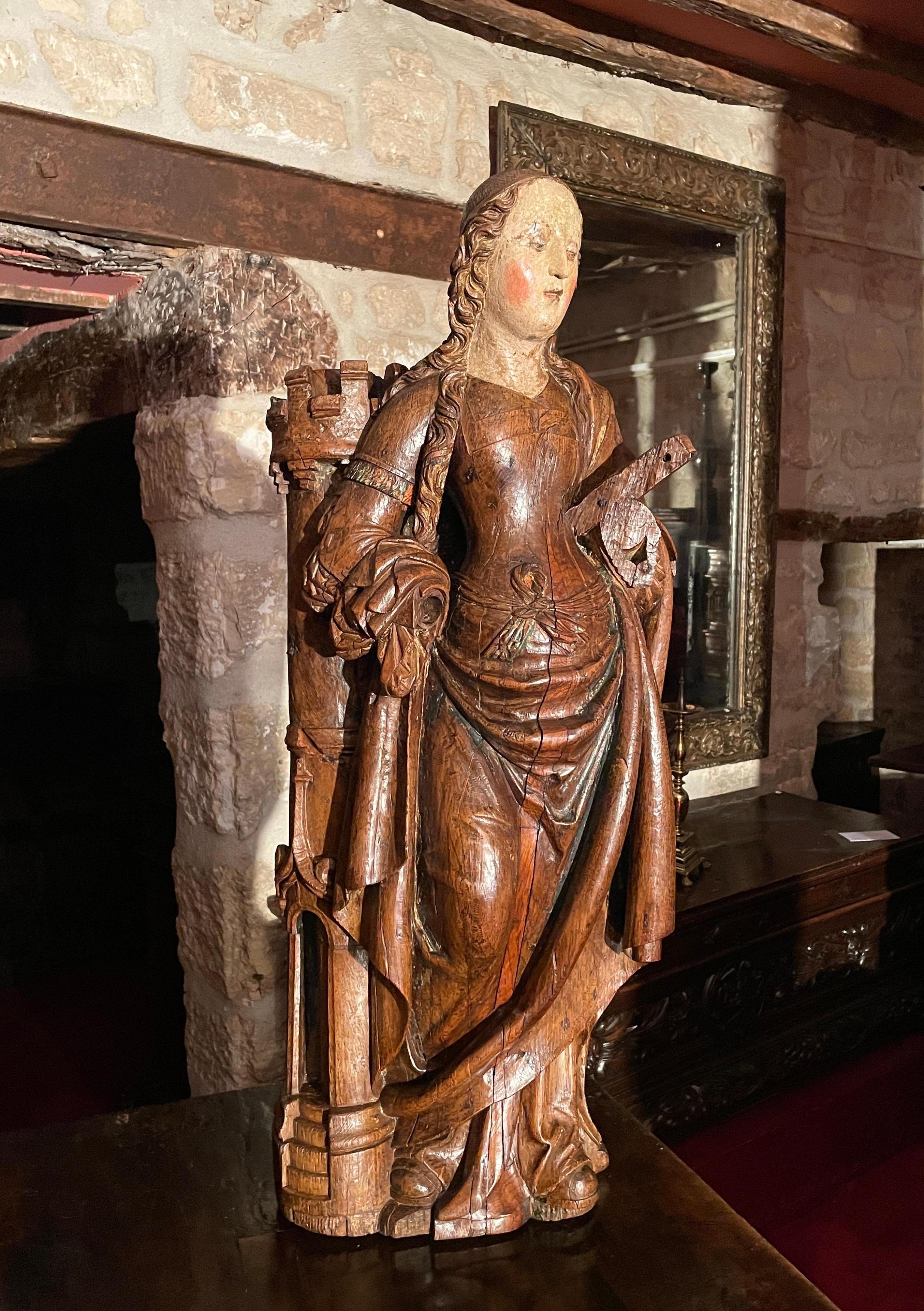 Oak Important Sculpture Representing Saint Barbara For Sale