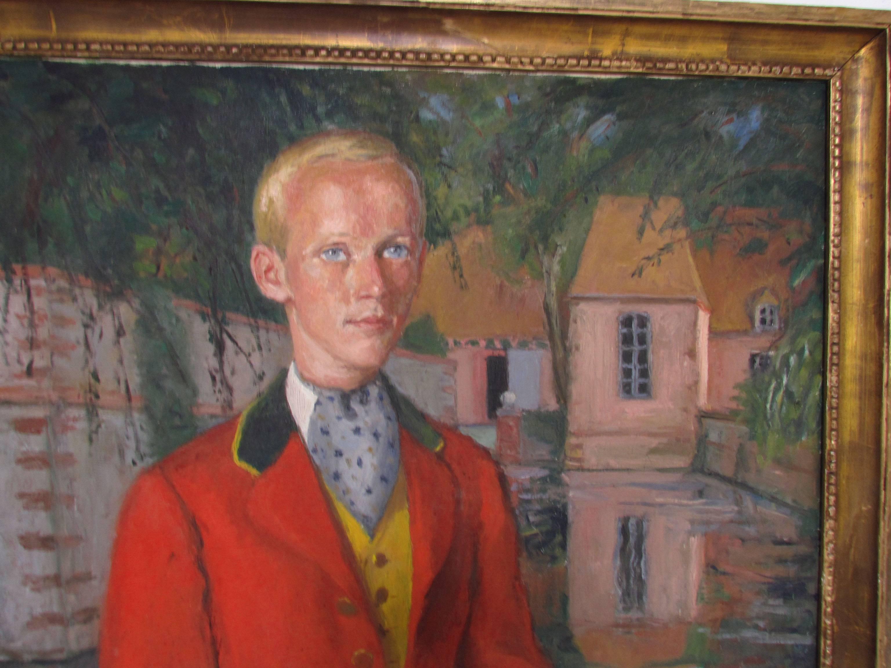 Importante autorretrato del artista Pierre Deval (1897-1993) como joven terrateniente romántico en la década de 1920, posando vestido de jinete en su recién adquirida bastida (o castillo) del siglo XVII, Domaine d'Orves, en el Southern France. La
