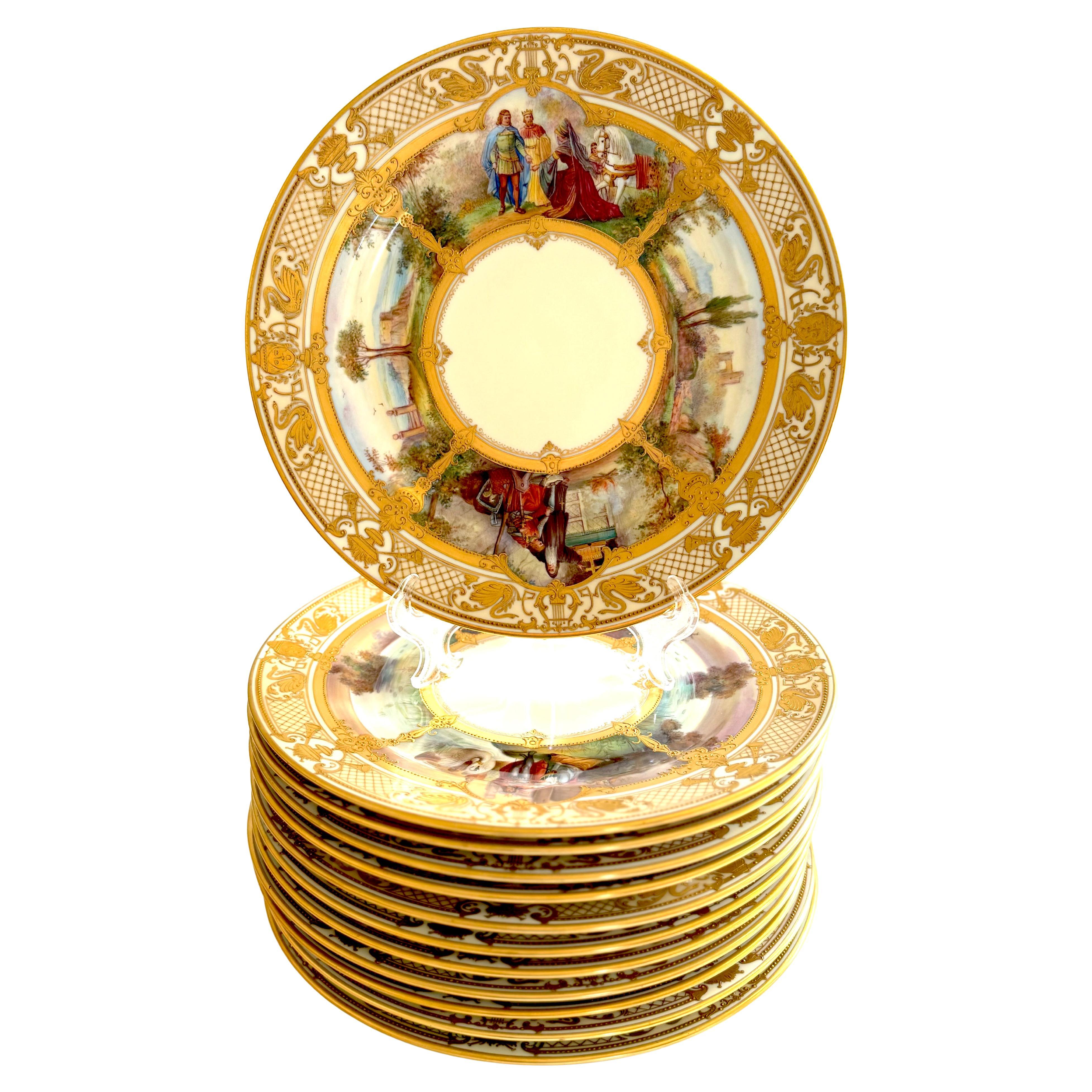 Important set of 12 dinner / cabinet plates known as Opera Plates features the finest hand-painted porcelain made in Dresden by studio of Ambrosius Lamm. Plates come from famous Opera Set.

All plates are fully hand-painted as a 360 degree panorama